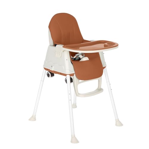 M.J COMFY-LIFE 3-in-1 Convertible Baby High Chair – Adjustable Toddler Feeding Chair with Removable Tray, 5-Point Harness, and Wooden Legs – Suitable from 6 Months to 5 Years (Coffee)