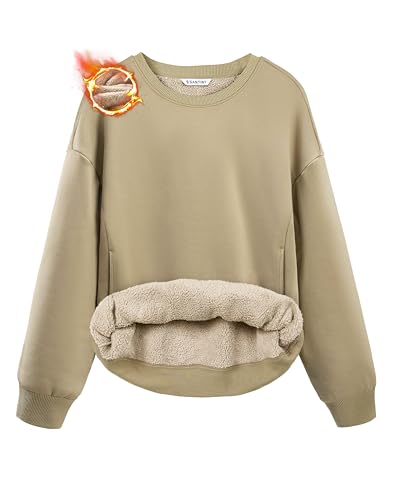 SANTINY Women's Fleece Sherpa Lined Sweatshirt Warm Winter Pullover Sweaters Cozy Thick Crewneck Sweatshirts with Pockets (Khaki_L)