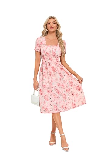 Image of Women's 2026 Summer Boho Floral Midi Dress Casual Square Neck Puff Sleeve A Line Dresses with Pockets