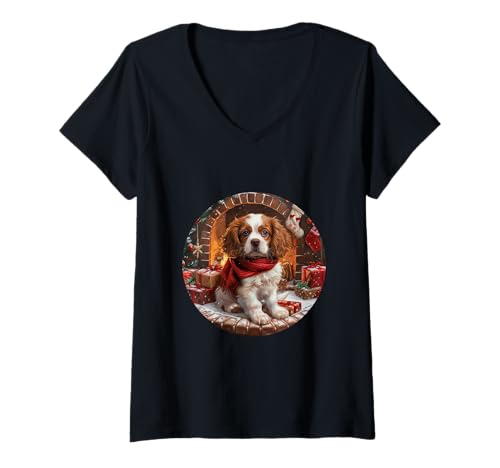 Mujer Cute Christmas Cavalier King Charles Spaniel Puppy Dog Rojo Camiseta Cuello V