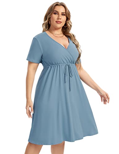 Image of ShopWonder Plus Size Dress Women's V Neck A-Line Knee Length Wrap Swing Dresses Plus Size A Line Party Mini Dress