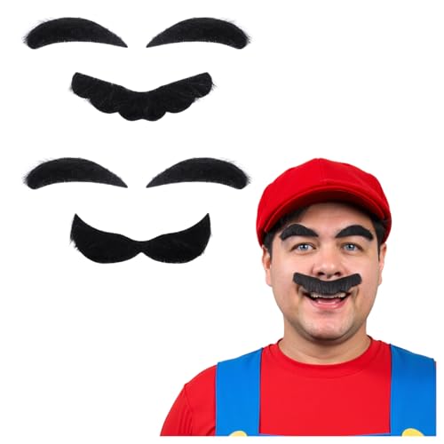 2Pcs Self Adhesive Novelty Fake Mustaches and Eyebrows for Super Plumbers Halloween Party Costume (Black)