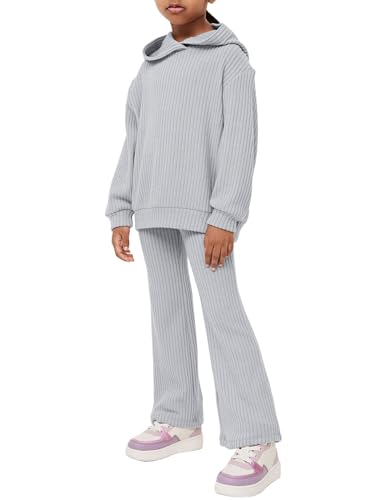 Image of Haloumoning Girls 2 Pieces Outfits Ribbed Knit Hoodies Flare Pants Sweatshirts and Sweatpants Kids Tracksuits 4-14 Years