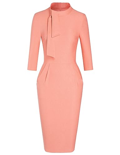 Image of MUXXN Women's Midi Pencil 1950s Vintage Cocktail 3 /4 Sleeve Tie Neck Bodycon Mid-Calf Dress with Pockets