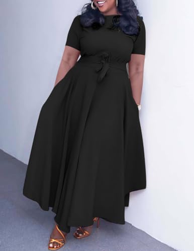 Image of Hostoyo Women Plus Size Formal A Line Maxi Dress Self Tie Waist with Pockets Elegant Round Neck Swing Long Dresses
