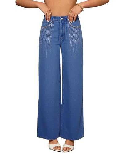 Women's High Waisted Wide Leg Jeans Y2K Boyfriend Baggy Rhinestone Denim Pants overlength Trouser
