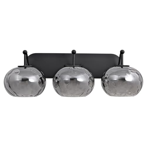 Image of 23 inch Matte Black Vanity Light Smoked Hammered Glass Wall Sconce 3-Light Grey Lampshade Wall Lamp for Hallway Living Room Stairwell Bathroom Over Mirror