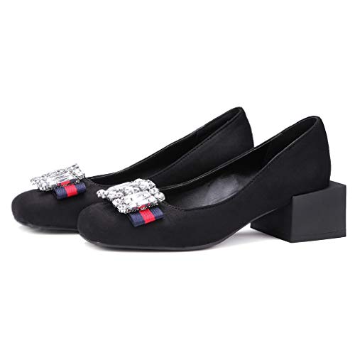 MIOKE Women's Retro Square Toe Rhinestone Dress Pumps Suede Mid Heel Slip-On Party Evening Wedding Shoes2