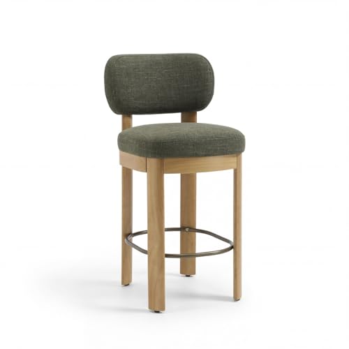 Butacos modernos de bar, juego de 4 unidades, altura de mostrador de 26 pulgadas, color verde lino, con respaldo y estructura de madera maciza tapizada, con reposapiés metálico para isla de cocina, pub o comedor miniatura 5