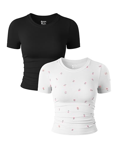 Image of OQQ Womens 2 Piece Shirts Short Sleeve Crew Neck Ruched Stretch Fitted Tee Shirts Crop Tops