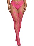 Eagerlove Medias de Red Sexys Talla Grande para Mujer Liguero Pantimedias Hasta el Muslo Cintura Alta Cinturón de Ligas Ropa Interior para Regalo de San Valentín Talla Grande-Rosa Polvo M-L