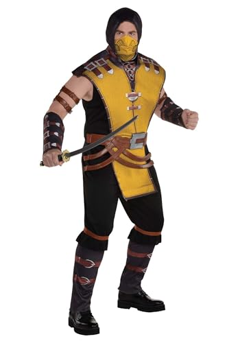 Mortal Kombat Scorpion Costume for Men - Mortal Kombat Costume Includes Jumpsuit, Face Mask, Arm Bands, & Gauntlets - Costumes for Halloween, Birthday Parties & Themed Events
