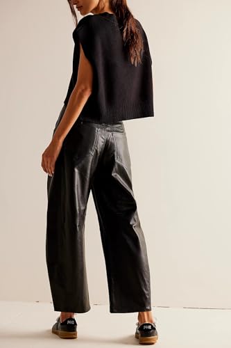 Women Faux Leather Pants Low Rise Baggy Barrel Jeans Wide Leg Trousers with Pockets Black