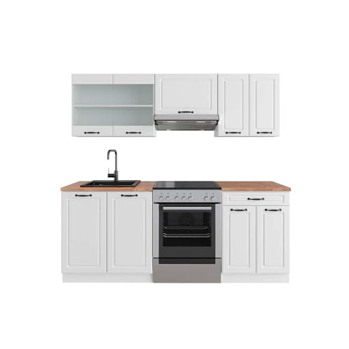 Vicco Küchenzeile R-Line, Weiß Landhaus/Weiß, 200 cm, AP Eiche, zur individuellen Erweiterung mit zusätzlichen Modulen geeignet
