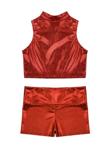 easyforever Kids Girls Metallic Gymnastics Dance Tracksuit With Shorts Dance Leotard 2 Piece Jazz Hip Hop Sport Outfits Red 8 Years4