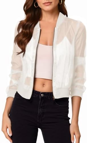 Fisoew Women's Crop Mesh Sheer Bomber Jackets Lightweight Long Sleeve Zip Up Jacket Outwear
