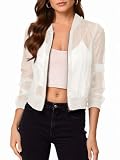 Fisoew Women's Crop Mesh Sheer Bomber Jackets Lightweight Long Sleeve Zip Up Jacket Outwear