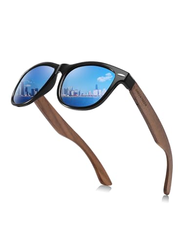 GREENTREEN Lunettes de Soleil Homme Bois:Polarisées - Conduite Glace -Bleue