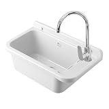 Set Pilozzo Sospeso 60x34 Cm Bianco - Vasca Lavatoio In Resina Resistente Agli Acidi Con Porta Sapone - INCLUDE Miscelatore Canna Alta Cromo In Acciaio INOX E Kit Scarico