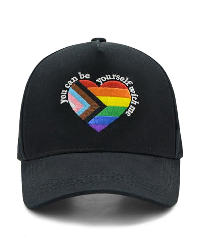 Waldeal Gay Pride Trucker Hat Embroidered Rainbow Heart Hat Adjustable Unisex LGBT Cap for Men Women Black