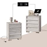 LUXOAK Nightstand Set of 2 with Charging Station, Farmhouse Side Table with Slated Handles, End Bedside Table with Stainless Steel Feet for Bedroom & Living Room, Distressed White