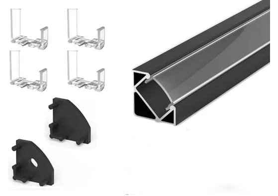 2 Metre Surface Corner Black LED Profile P3-1 C/W Clips, End Caps & Clear Cover | Perfect for Bedroom, Stairs, Hallway, Kitchen, Cabinet (17mm x 17mm)