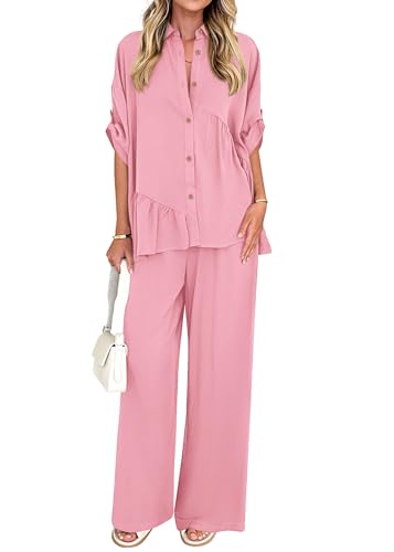 KIRUNDO Two Piece Sets for Women Spring Outfits 2026 Summer Dressy Casual Button Down Shirt Wide Leg Pants Lounge Set(Pink, Medium)
