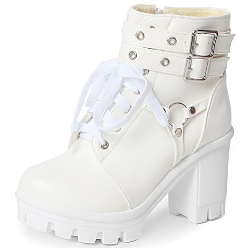 Image of MEOTINA Goth Women Platform High Heel Boots Buckle Combat Ankle Booties | Features edgy gothic steampunk rave emo sexy cosplay styling, designed with thick heel, buckle, studded ,lace up and zipper