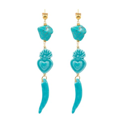 MARARDI Pendientes Mujer Italianos Cerámica de Caltagirona [Corazón Turquesa] Largos Handmade Joyería Italiana Originales Elegantes para Diario Bodas Eventos Ocasiones Especiales