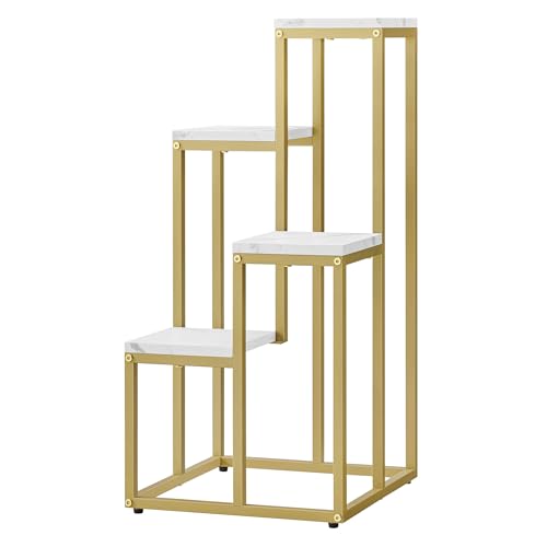 MAT-HAUS Furniture and home decor Soporte para flores de 4 niveles – Estantería de metal resistente para plantas que ahorra espacio para sala de estar, dormitorio (mármol – dorado)
