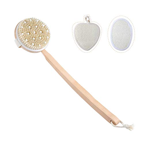 Bath Body Brush - Gentle Massage Nodes Aomiduo Loofah Bath brush for Dry or Wet Brushing Natural Bristle Hair Shower Back Brush Exfoliation Improve Lymphatic Stimulate Blood Circulation Eliminate Fat