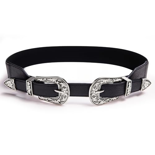 Image of Dubulle Womens Belt Chain Leather Belts Vintage Western Adjustable Elastic Double Buckle for Cowboy Pant Dress
