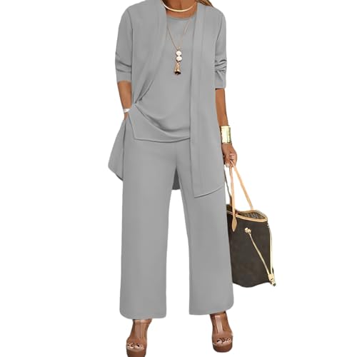 3 Piece Outfits for Women Long Sleeve Cardigan Sleeveless Top Wide Leg Pants Sweatsuit Sets Wedding Guest Pant Suits (Grey,X-Large)