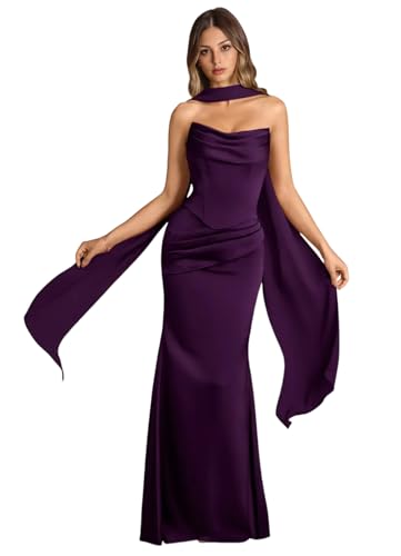 Strapless Bridesmaid Dresses with Scarf Convertible Long Mermaid Ruched Satin Formal Evening Ball Gown for Women