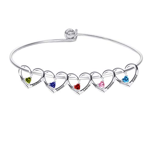 Dreamdecor Personalized Bangle Bracelet for Mom, Custom 1-5 Heart Charms Bracelet Engraved Name Bracelet Personalized Jewelry Gift for Christmas