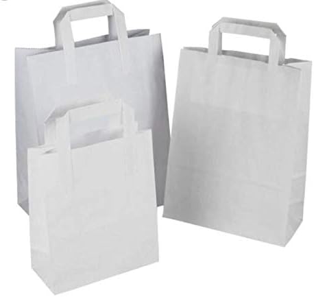Packitsafe 100 Small White Paper Bags SOS Handled. Flat Handled Carrier Bags, Party Bags, Gift Bags, Takeaway Bags 100SW