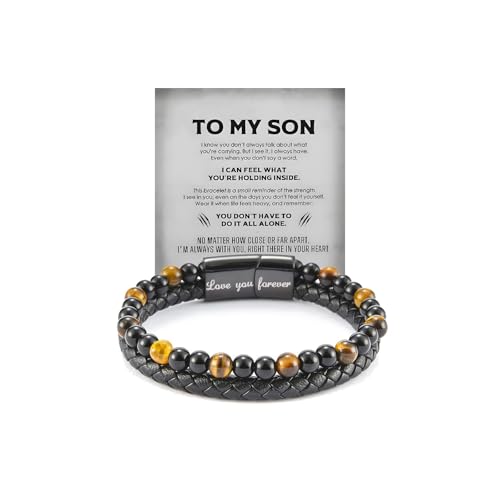 The Guardian - Son'S Tiger Eye Bracelet, Shielded By Love To Son Leather Black Bead Cuff Bracelet From Mom Dad Birthday Jewelry Gift For Men
