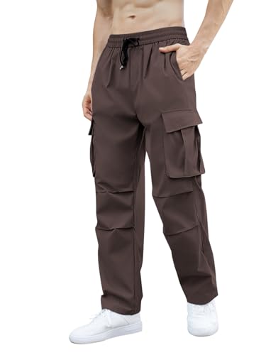 OYOANGLE Men's Baggy Cargo Pants Elastic Drawstring Waist Straight Leg Hip Hop Trousers Streetwear