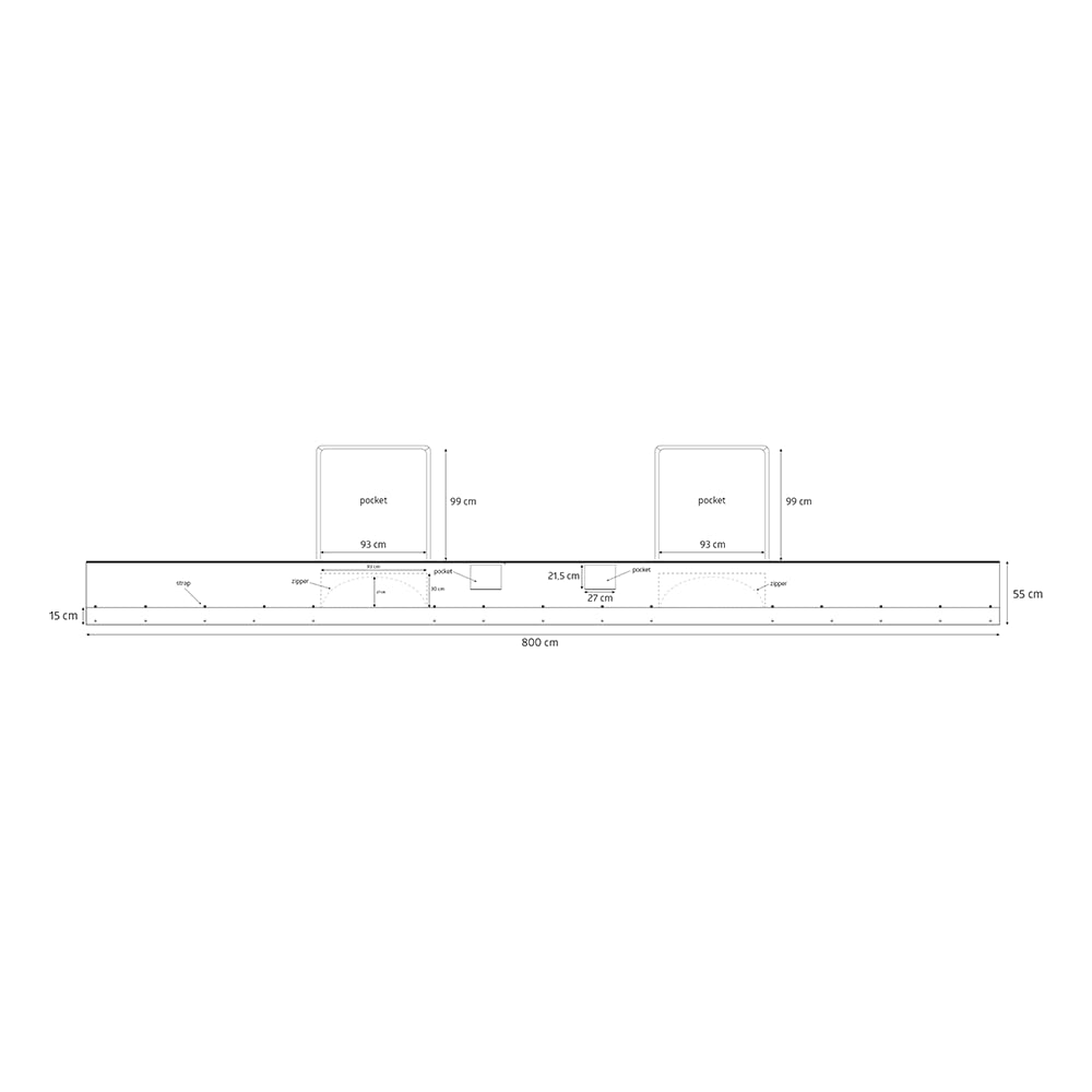 Campout Windblende mit Staufächern - 50 x 800 cm - Zugluftstopper - Zugluftstopper – Zugluftstreifen – Bis zu 50 cm Höhe – 2 Aufbewahrungsfächer – Inkl. Zeltpflöcke & Aufbewahrungstasche