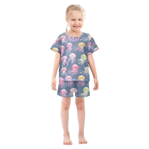 ALAZA Jellyfish Blue Cute Pajamas Set Short Sleeve Cotton Sleepwear Summer Pjs 2 Piece 5-14Y3