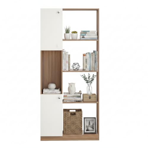 Image of FURNEASER Bookaura Wooden Bookshelf with Doors, Multipurpose Bookcase Storage Organizer for Living Room Modern Wooden Book Shelf Cabinet, Display Rack for Books & Decor (Exotic Teak & White)