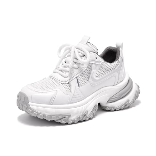 Image of BEAU TODAY Chunky Sneakers for Women, Womens Fashion Sneakers, Lightweight Leather Sneakers for Women, Comfortable Casual Lace-Up Breathable Dad Shoes
