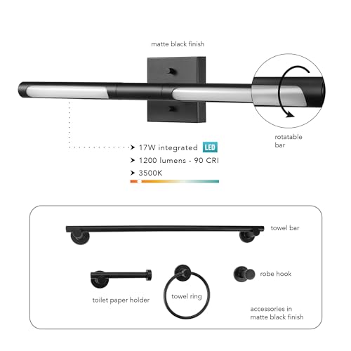 Image of Globe Electric 63000203 5-Piece All-in-One Bathroom Set, 2-Light LED Vanity Light, Matte Black, 1200 Lumen, Towel Bar, Robe Hook, Toilet Paper Holder, Towel Ring, Bathroom Lights Over Mirror