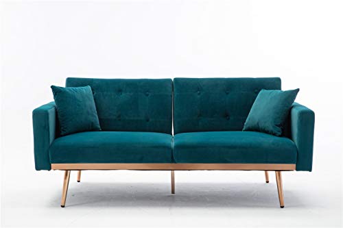 Szlizccc 63" Accent Sofa, Mid Century Modern Velvet Fabric Couch， Convertible Futon Sofa Bed ，Recliner Couch Accent Sofa Loveseat Sofa With Gold Metal Feet (Teal) #TOP6