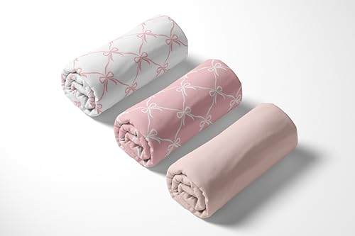 Image of Sweet Jojo Designs 3-Piece Baby Crib Sheets Set (Pink Bows) for Girls, Infant Nursery, Toddler Room - Fitted, Standard Size (Solid Blush, Elegant Bow for Ballerina, Ballet, Dancer Princess Collection)