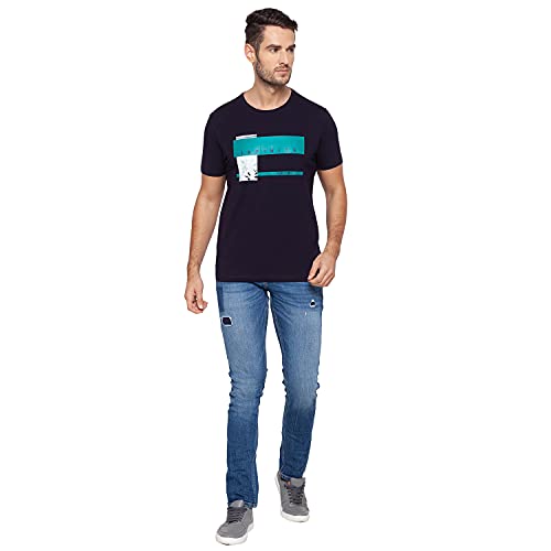 Image of Spykar Mens Cotton Navy Blue Printed T-Shirt
