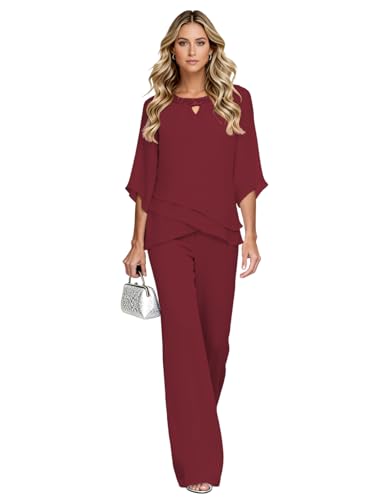 Burgundy Sparkly Sequin 2 Pieces Chiffon Mother of The Bride Pant Suit for Wedding Dressy Flutter Sleeve Formal Grandmother Pant Suits Dressy Petite Wedding Pantsuits for Women Burgundy 14