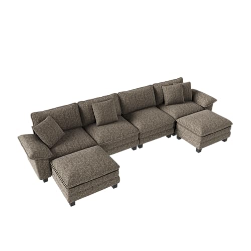 157-Inch U Shaped Sectional Sofa with Cloud Cushions, Deep Seat Modular Couch Set w/ 6 Seats & 2 Ottomans, Removable Arms, Plush Chenille Upholstery for Living Room, Apartment – Smoky Gray