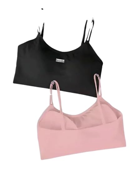 Pack of 2 T-Shirt Sports Bra with Removable Padding - Full Coverage, Stretchable Cotton Blend Color Black & Light Pink-picture-29