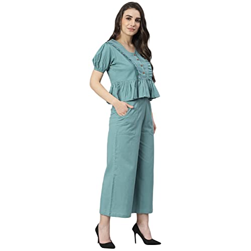 Image of DEEBACO Women's Solid Calf Length Top with Trouser|V-Neck|Short Sleeve|Cord Set for Women Cotton|Jumpsuits Western Dress for Women Stylish|Two Piece Co ord Set|Party Casual Wear(Aqua Blue)